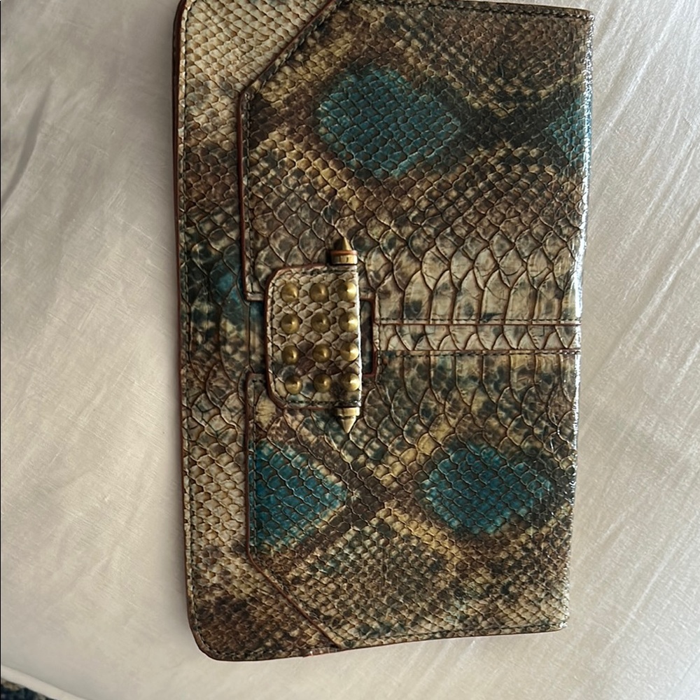 Snake Print Clutch with Blue Accents